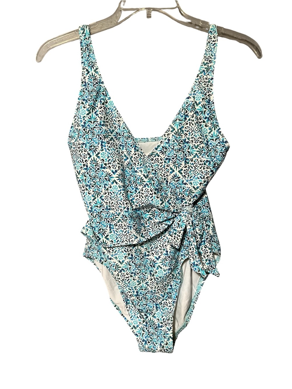 Helen‎ Jon Blue White Mosaic Print One Piece Swimsuit Wrap Tie Small made in USA
